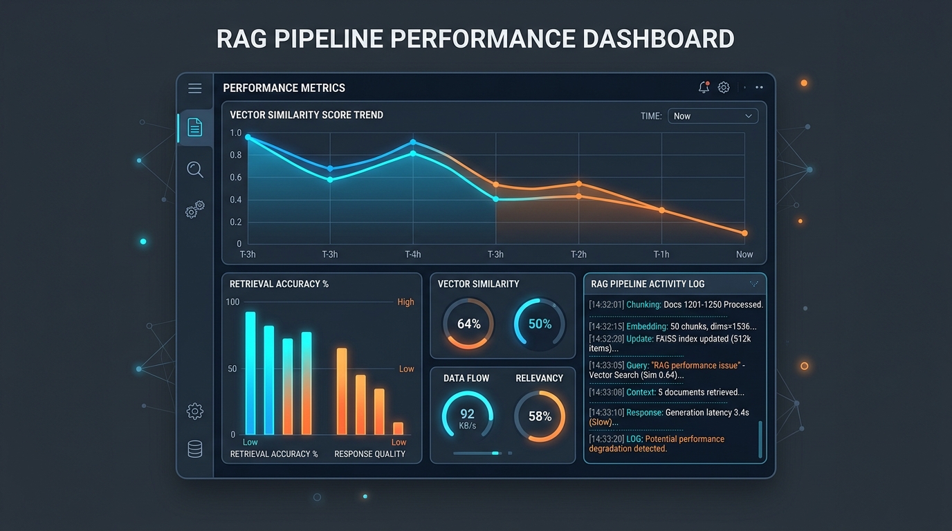 A dark dashboard UI showing a RAG pipeline monitoring system with retrieval score graphs trending downward over time, vector similarity metrics, and chunk source logs — minimal, technical aesthetic