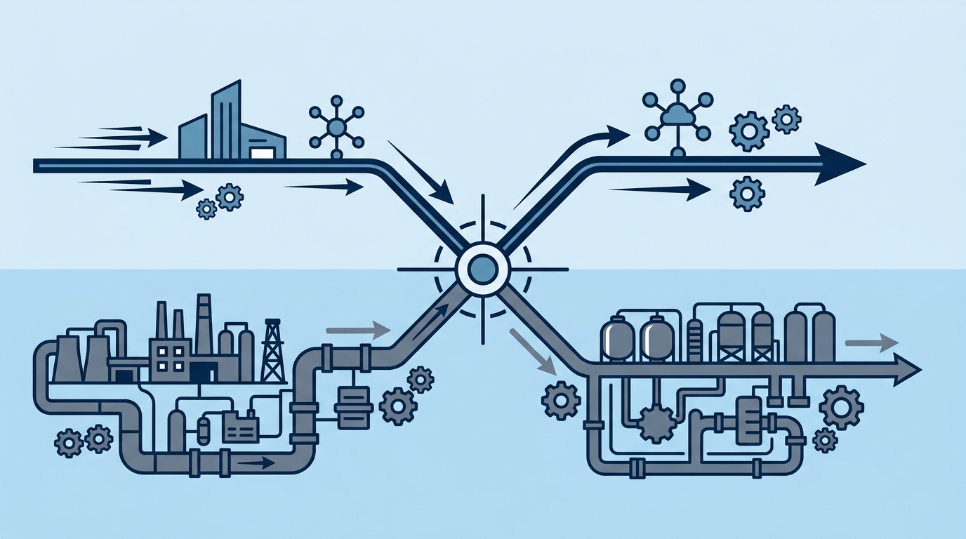 A clean split-lane diagram showing two paths diverging from a central decision point — one labeled 'Prompt Engineering' with fast arrows and low infrastructure, the other labeled 'Fine-Tuning' with heavier infrastructure icons and a slower, more complex pipeline. Minimal, technical illustration style with a cool blue and slate color palette.