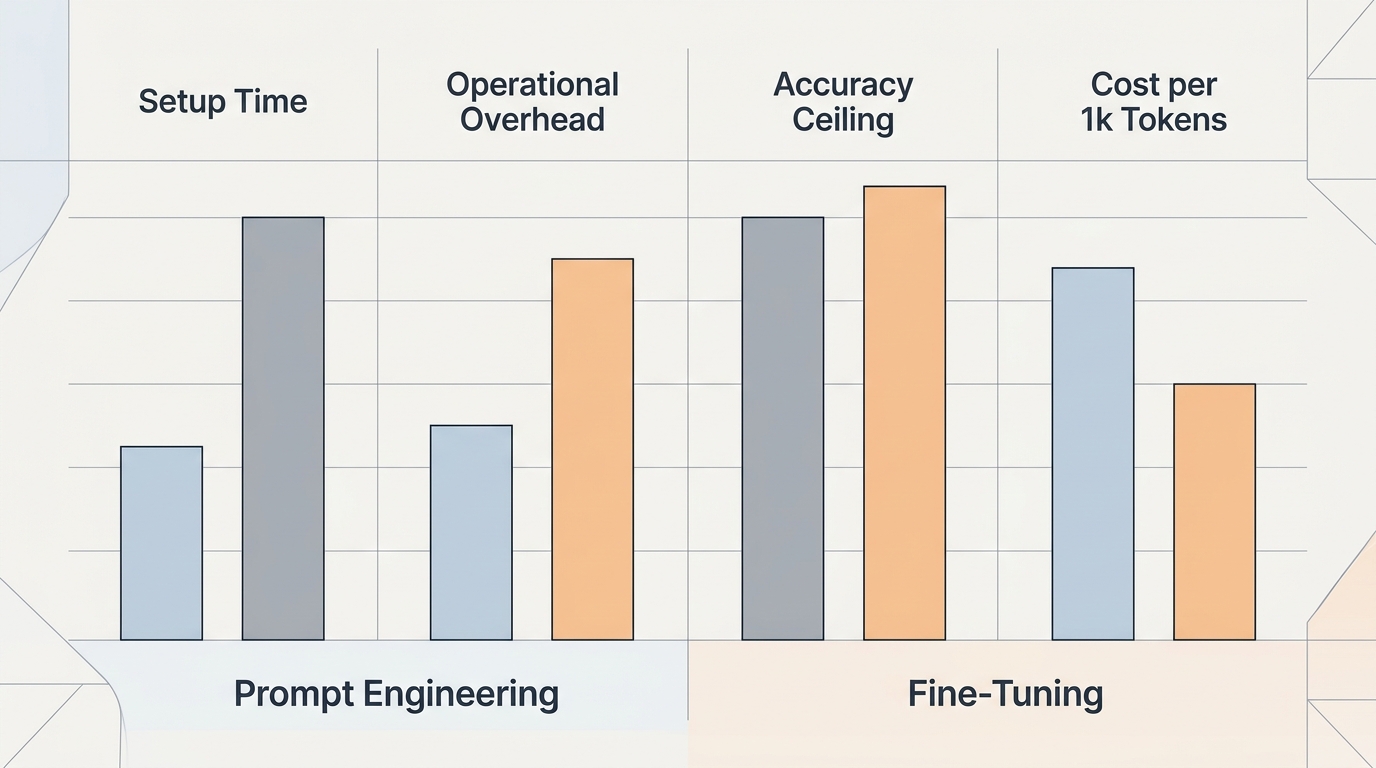 A bar chart comparing prompt engineering vs fine-tuning across four dimensions: setup time, operational overhead, accuracy ceiling, and cost per 1k tokens. Fine-tuning bars are taller on overhead and setup; prompt engineering bars are taller on cost-per-token efficiency at low scale. Clean data visualization style, neutral tones.