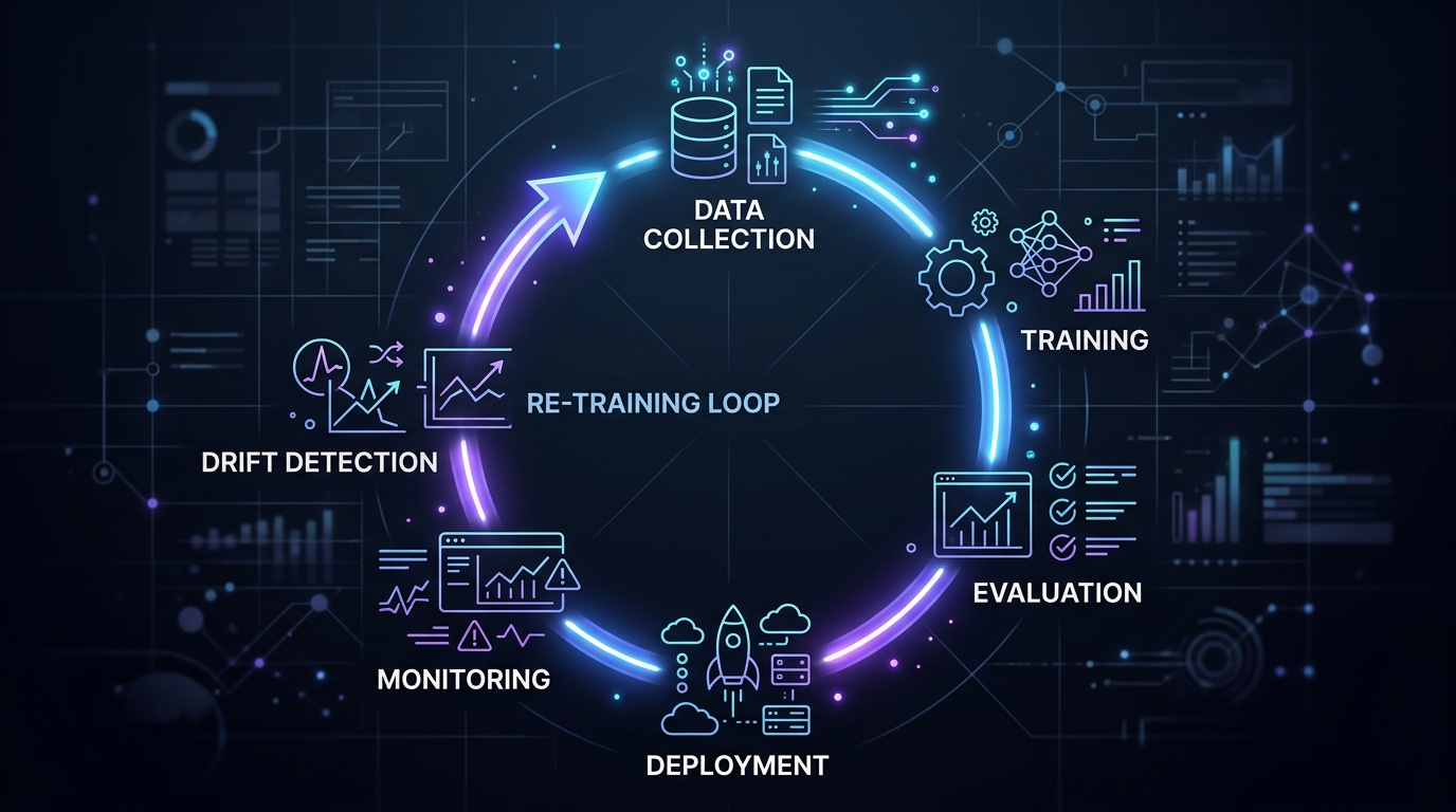 A timeline diagram showing the lifecycle of a fine-tuned model: data collection → training → evaluation → deployment → monitoring → drift detection → re-training loop. Illustrated as a circular workflow with annotation callouts at each stage. Technical, minimal design, dark background with light line art.