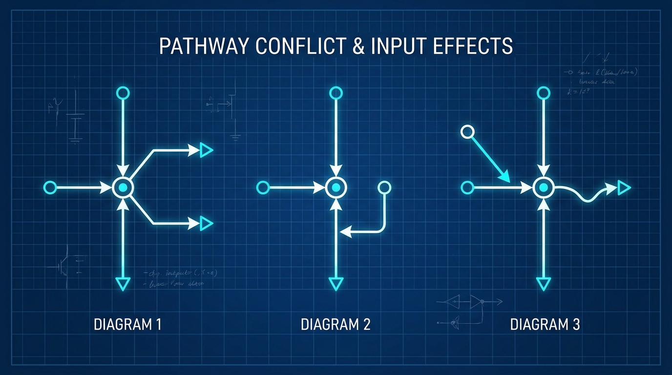 A technical diagram showing three pathways of LLM hallucination: intrinsic contradiction, extrinsic fabrication, and retrieval-induced synthesis errors, with arrows and labeled nodes on a dark engineering blueprint background