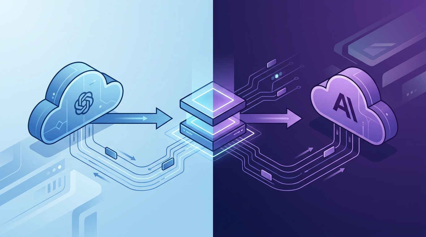 A clean split-screen architectural diagram comparing two cloud API paths, one labeled OpenAI and one labeled Anthropic, both feeding into a unified backend abstraction layer, minimalist tech illustration style with blue and purple tones