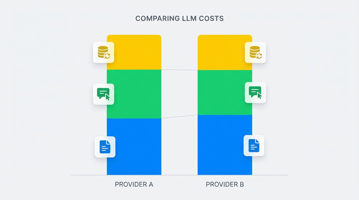 A bar chart visualization comparing token cost breakdowns between two LLM providers, showing input costs, output costs, and cached token costs side by side, clean data visualization style with a neutral background
