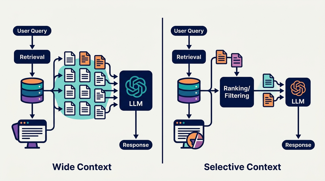 A technical diagram showing two different RAG pipeline architectures side by side — one with a large context window accepting many chunks directly, and one with a smaller window requiring more selective chunk retrieval and ranking, illustrated in a clean system design style