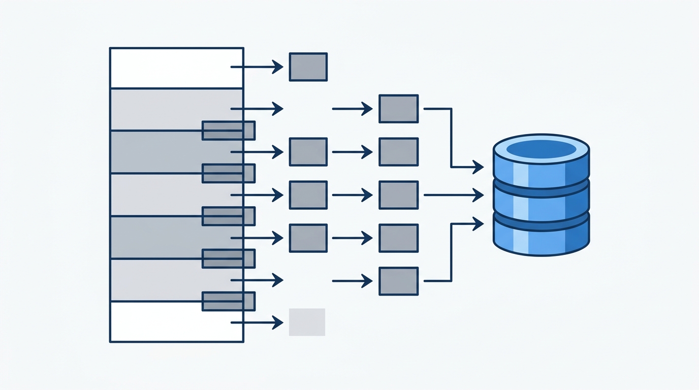 A clean technical diagram showing a long document being split into overlapping chunks of varying sizes, with arrows pointing to a vector database, rendered in a minimal flat design with blue and grey tones