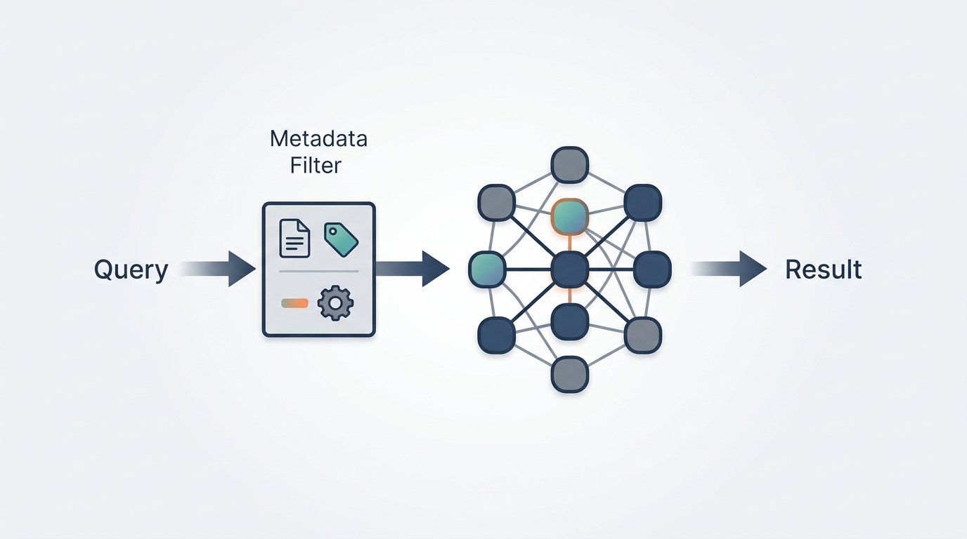 A diagram of a vector database with metadata filter tags attached to chunk nodes, showing a query arrow being filtered by doc_type before reaching the similarity search layer, in a clean architectural diagram style with muted colors