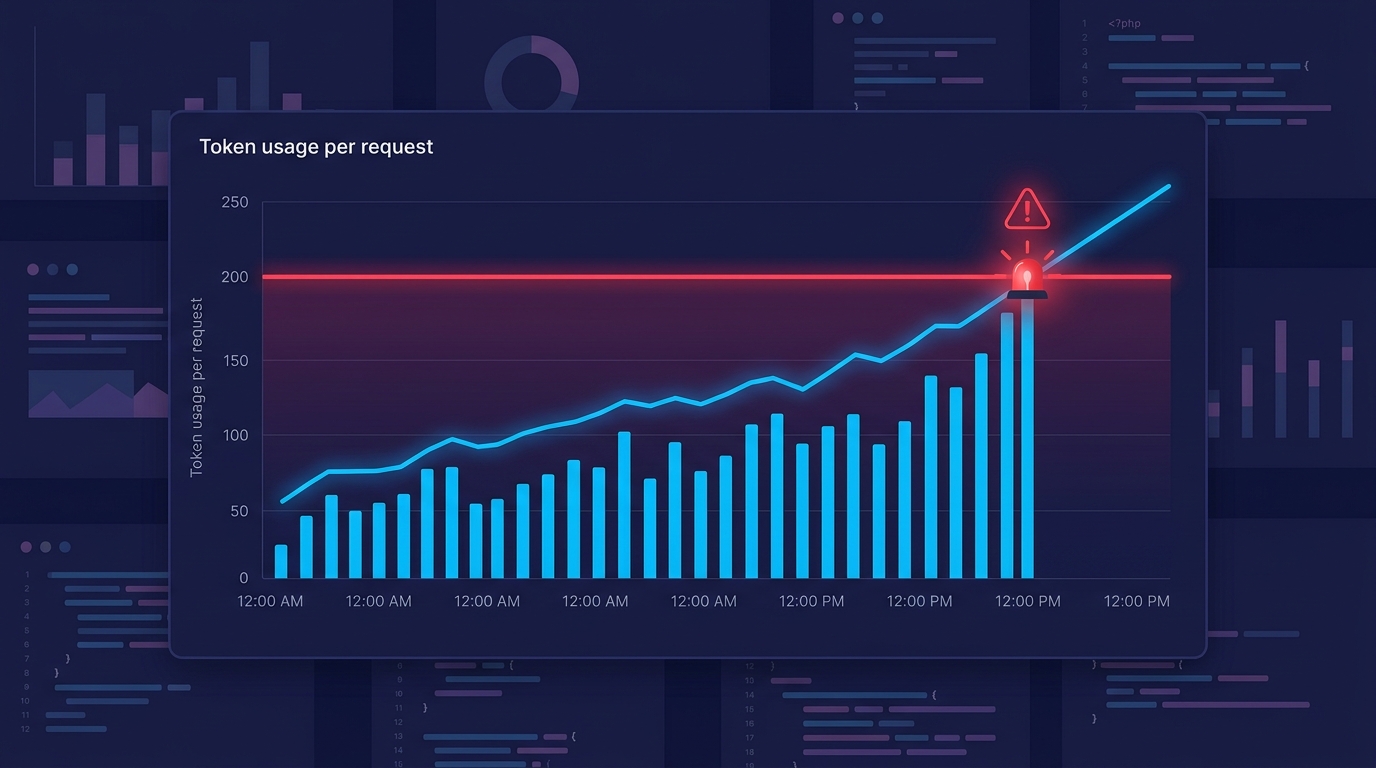 A production monitoring dashboard aesthetic showing token usage per request over time, with a trend line approaching a red threshold line, and an alert indicator — conveying the importance of observability for token budgets