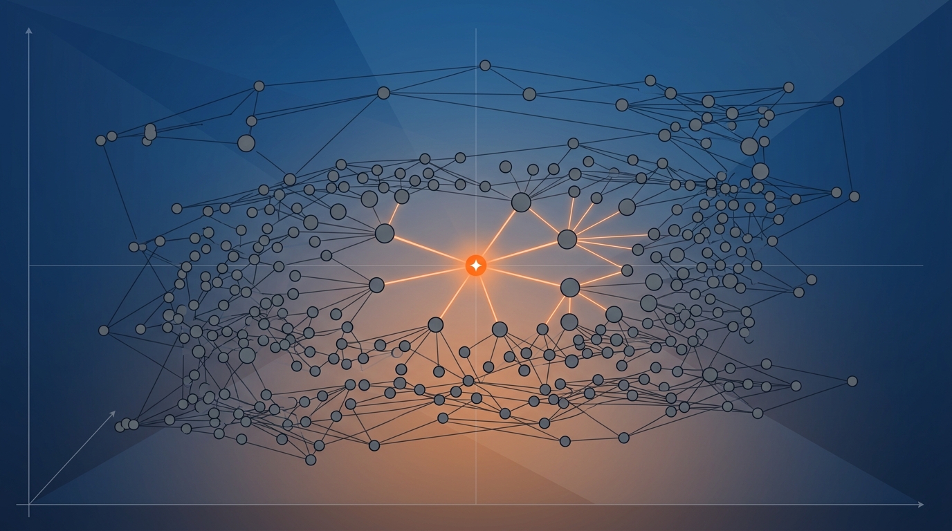 A clean technical diagram showing a 2D scatter plot of vector points, with a query point highlighted and nearest neighbors connected by lines, surrounded by an HNSW graph structure — warm blue and orange gradient, minimal style