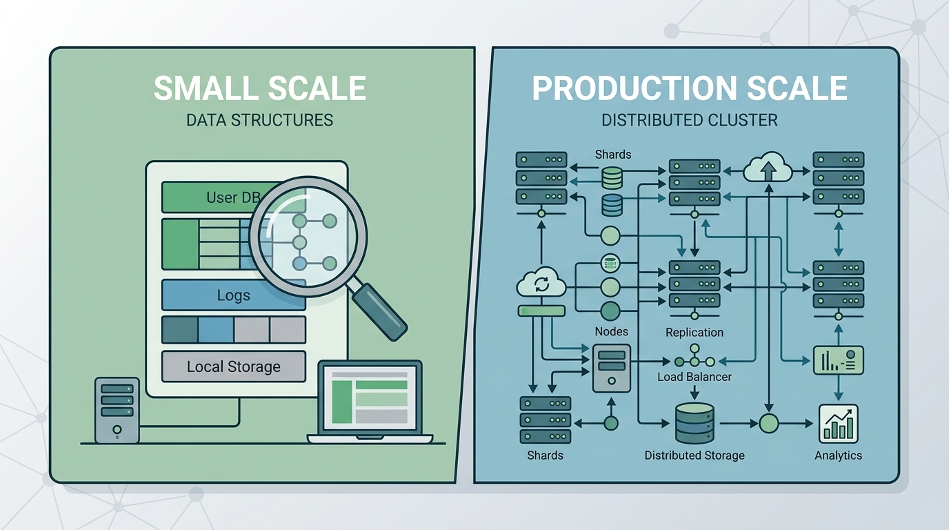 A side-by-side comparison illustration: on the left, a simple in-memory array with a magnifying glass (labeled "small scale"), on the right, a distributed database cluster with interconnected nodes (labeled "production scale") — clean flat design, muted green and blue tones