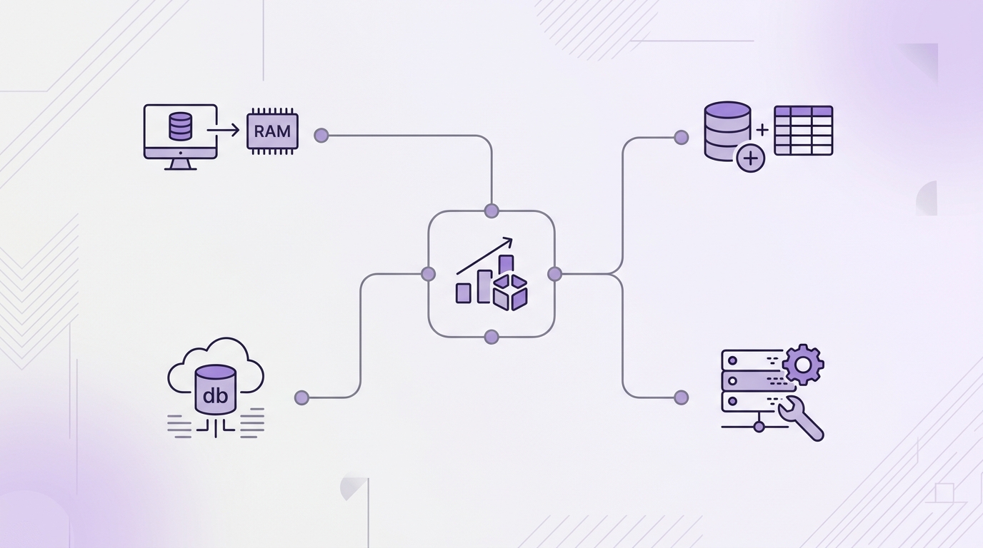 A flowchart decision tree diagram for choosing a vector database: starting from "How many vectors?" branching into NumPy, pgvector, Pinecone, and Milvus paths — clean sans-serif typography, soft purple and gray palette